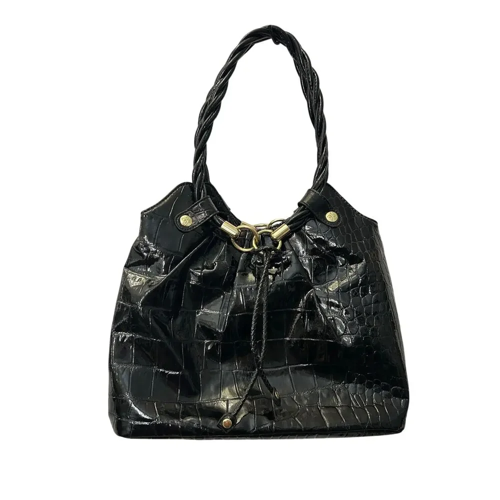 Relic Brand Hobo Black Bag Faux Patent Shiny Crocodile Leather Shoulder Purse